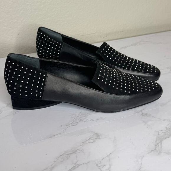 Donald J. Pliner ILINE Black‎ Leather Suede Flats Loafers Studded Block Heel 7M - Picture 1 of 6